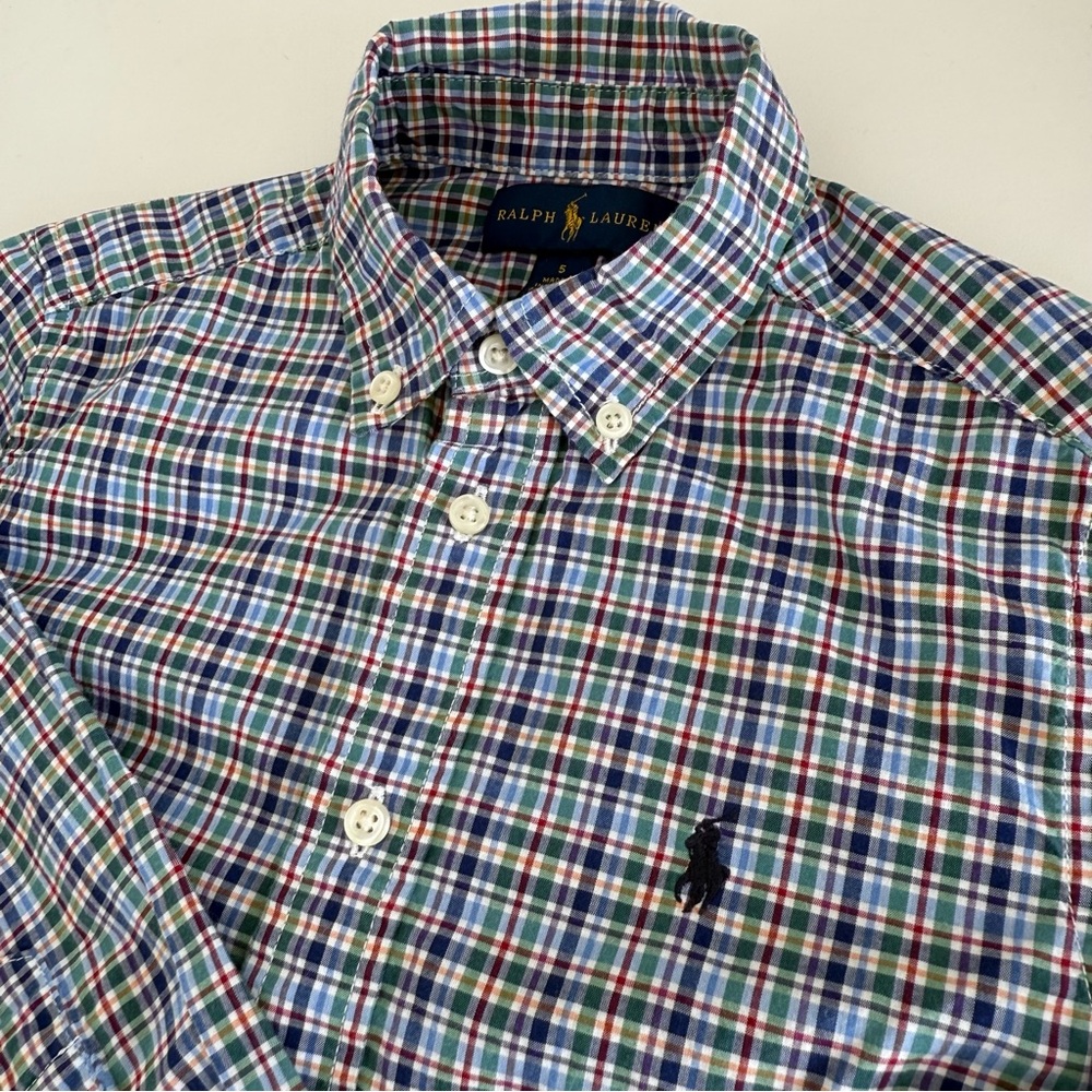 Ralph Lauren Boys 5 Button Down Shirt Navy Logo Polo Pony Plaid Long Sleeve